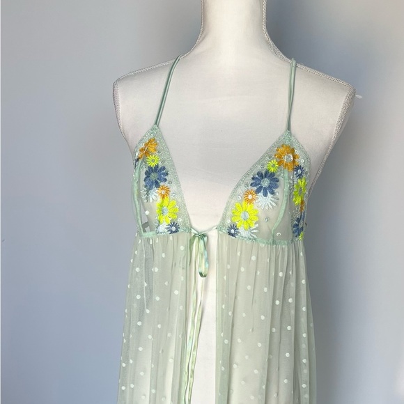 Floral Embroidered Sheer Babydoll Lingerie - Green - Picture 11 of 13